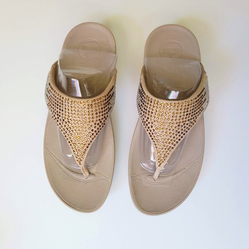 FITLOP FLARE WEDGE, TAN WITH GOLD & CLEAR CRYSTALS, SIZE 8